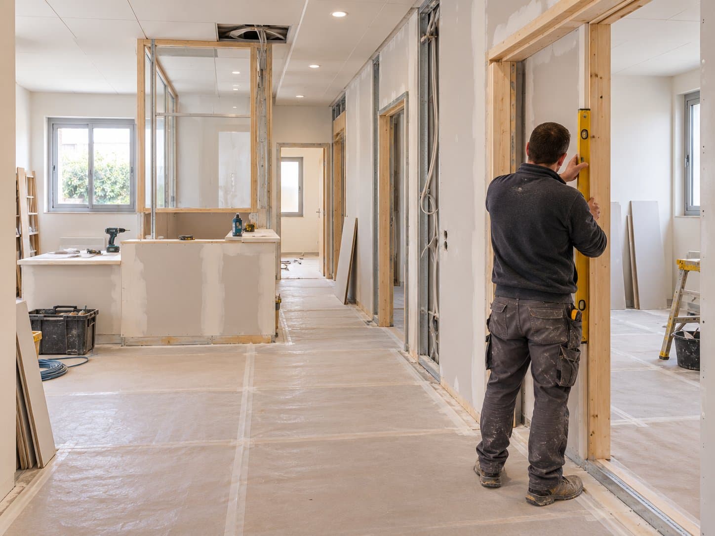 Pose des huisseries pendant une rénovation intérieure