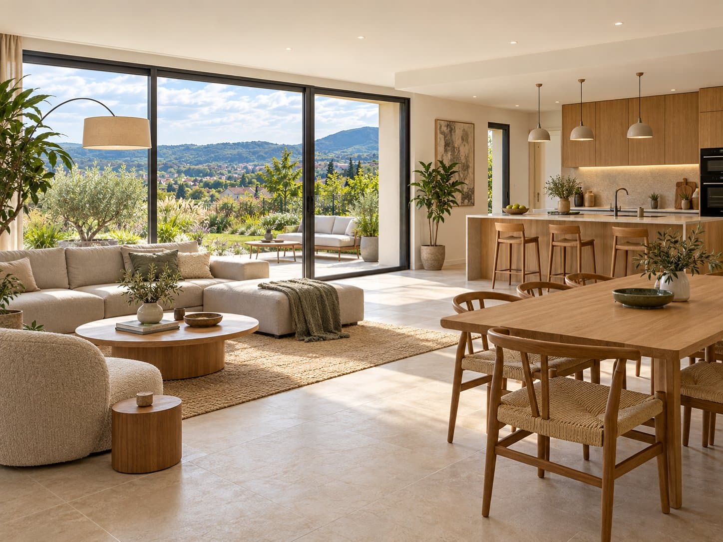 Pièce de vie ouverte d'une maison neuve