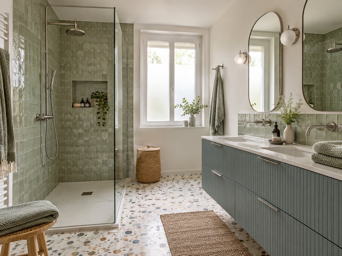 Salle de bain rénovée, douche à l'italienne et double vasque
